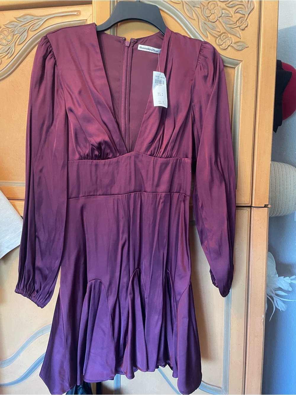 Abercrombie & Fitch Deep Plum Long-Sleeve Satin V-Neck Dress